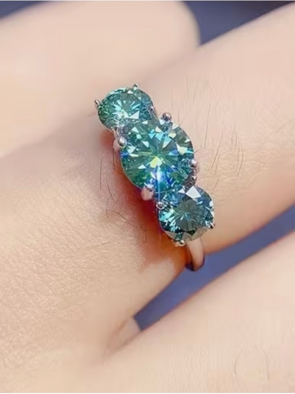 Elegant Three-Stone Blue-Green Moissanite  Ring - Women Jewelry